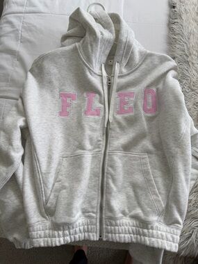 FLEO Light Gray Zip Hoodie with Pink Lettering- crop length